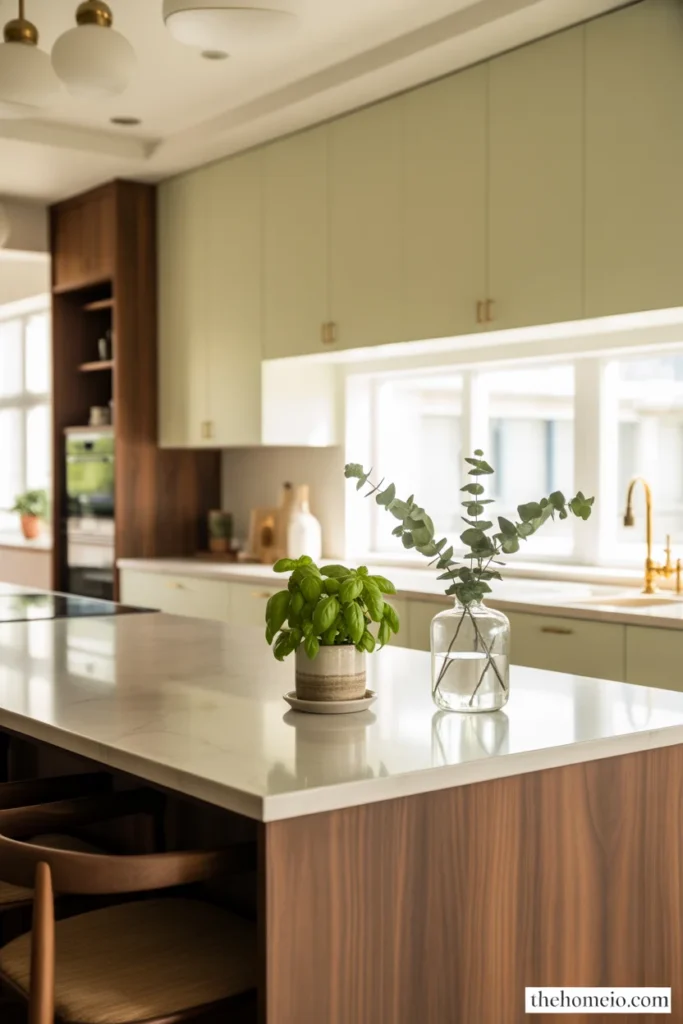 Kitchen counter with a small potted herb and warm neutral styling