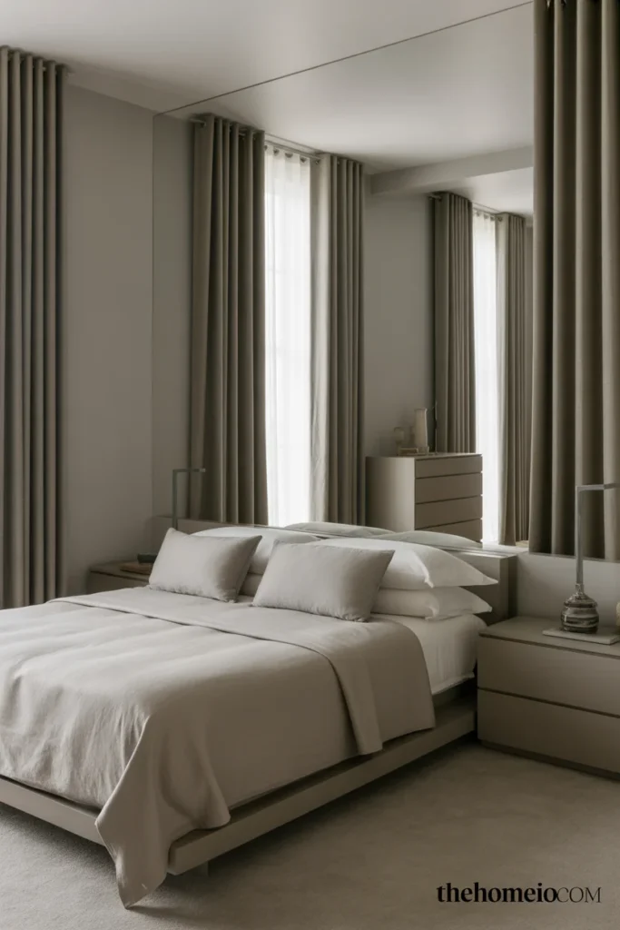 Modern bedroom with curtains matched to the room’s simple style