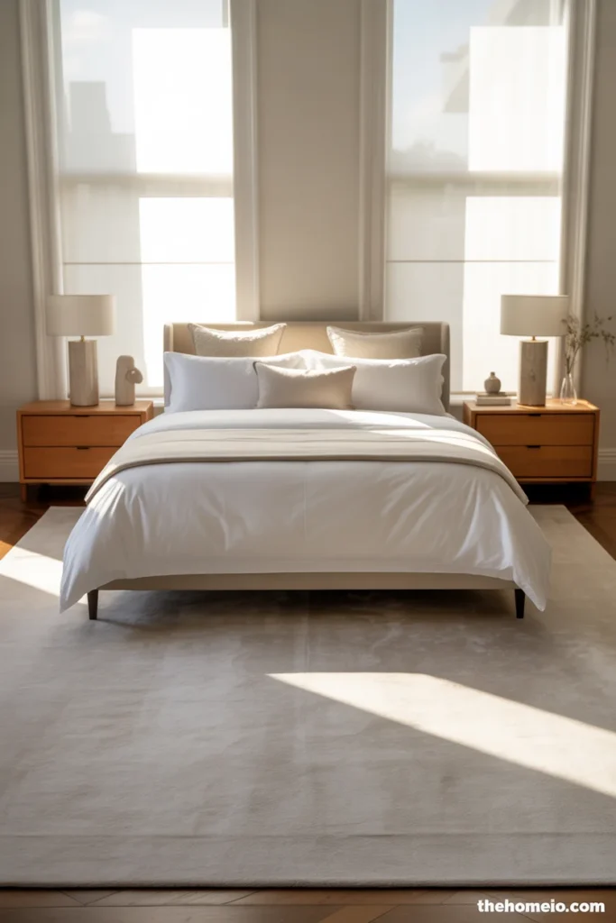 White bedroom with a large soft rug under the bed and warm wood accents