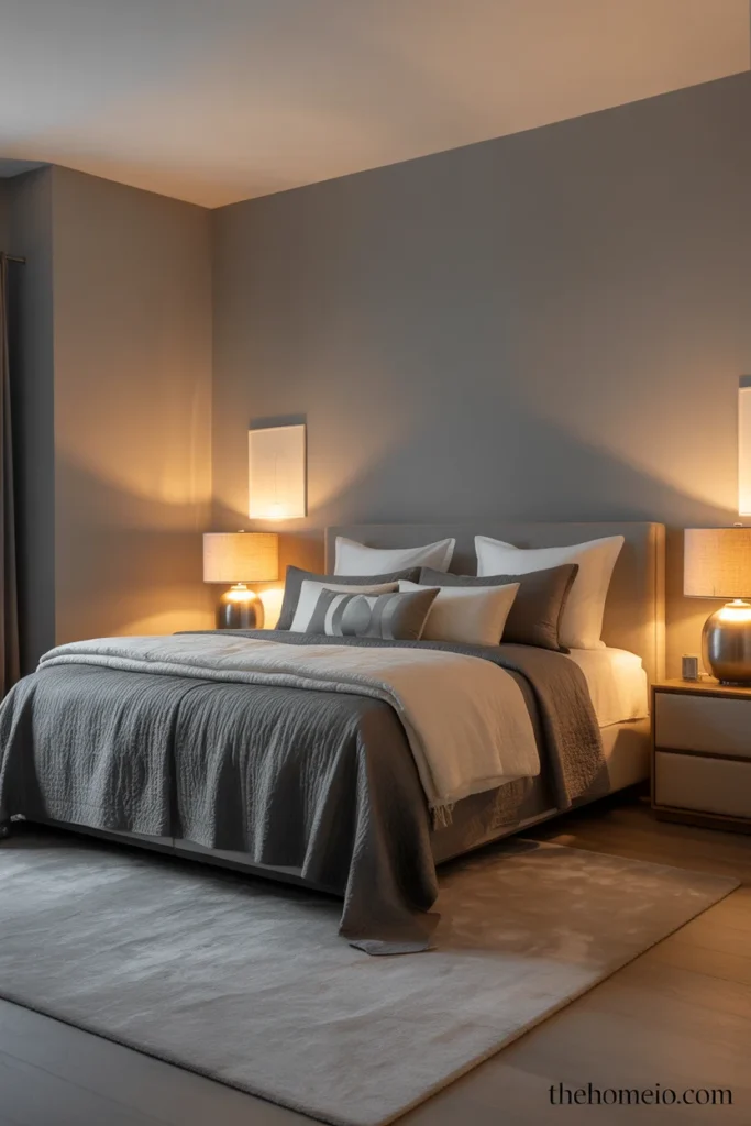 Cozy grey bedroom with a large soft rug under the bed