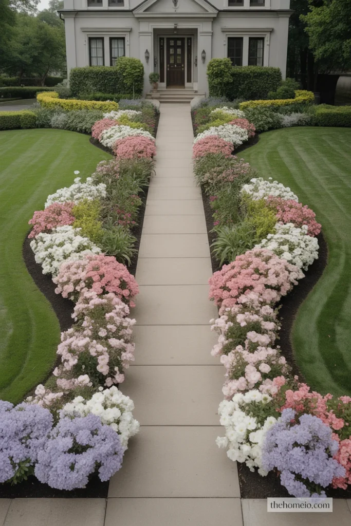 Front yard flower beds framing both sides of the front walkway