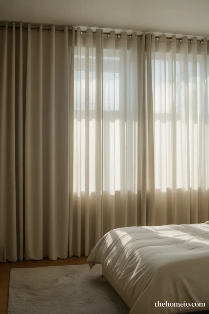 stylish Teen bedroom with sheer white curtains hung from ceiling height creating soft diffused natural light in room