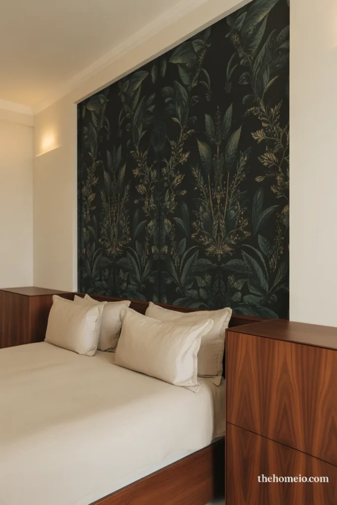 Bedroom black botanical wallpaper accent wall with subtle dark green leaf pattern white bedding and warm wood furniture