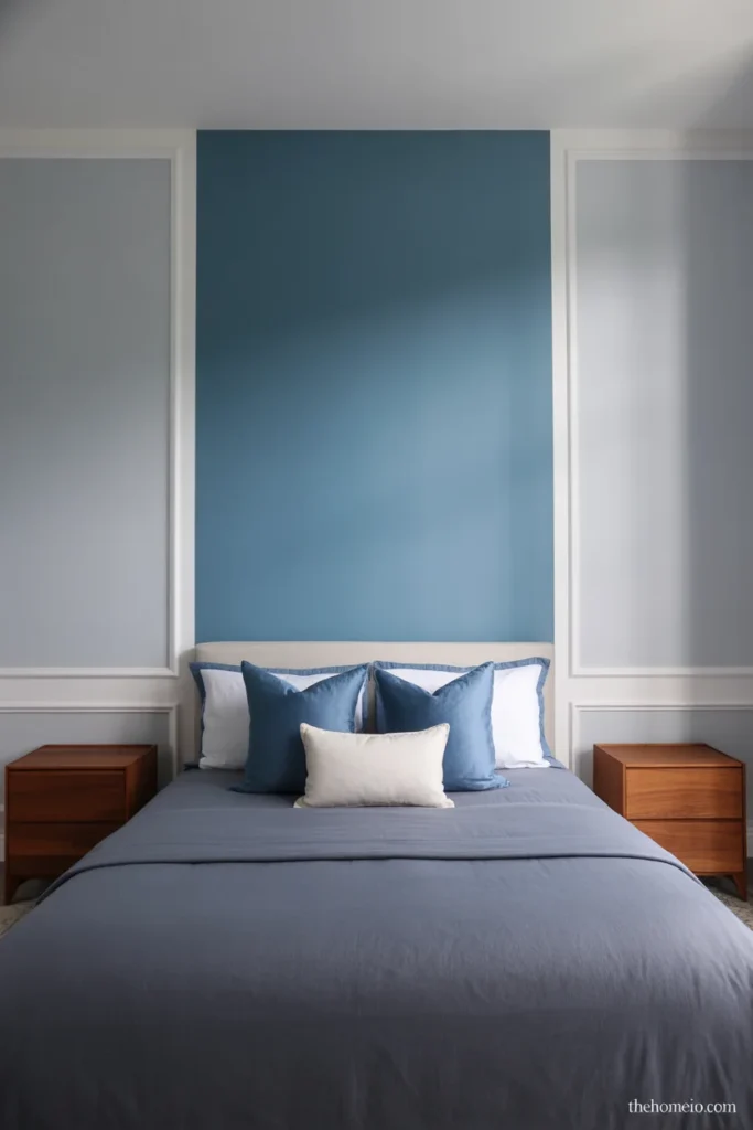 Calm modern bedroom with medium blue accent wall soft gray walls charcoal bedding and blue white throw pillows