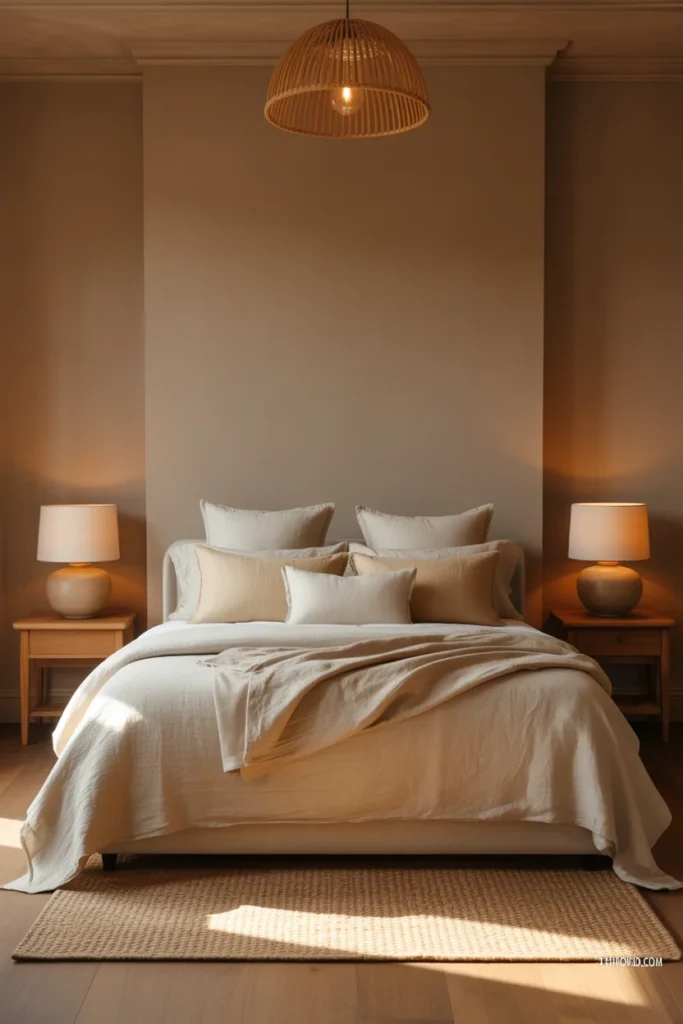 Calm sophisticated bedroom with warm mushroom taupe walls linen bedding rattan light ceramic lamps and woven rug