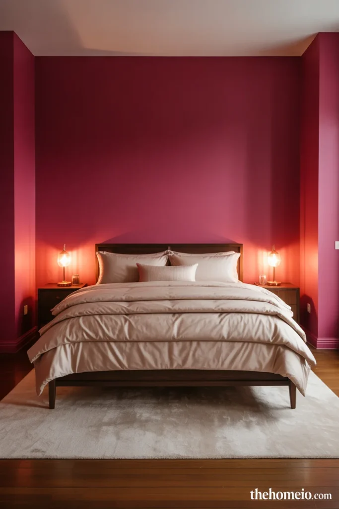 Bold dramatic bedroom with deep raspberry pink walls cream bedding dark wood frame and warm brass lamps