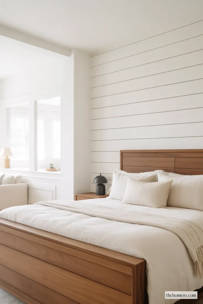 Clean modern farmhouse bedroom with white shiplap feature wall walnut bed frame matte black lamp and crisp white bedding