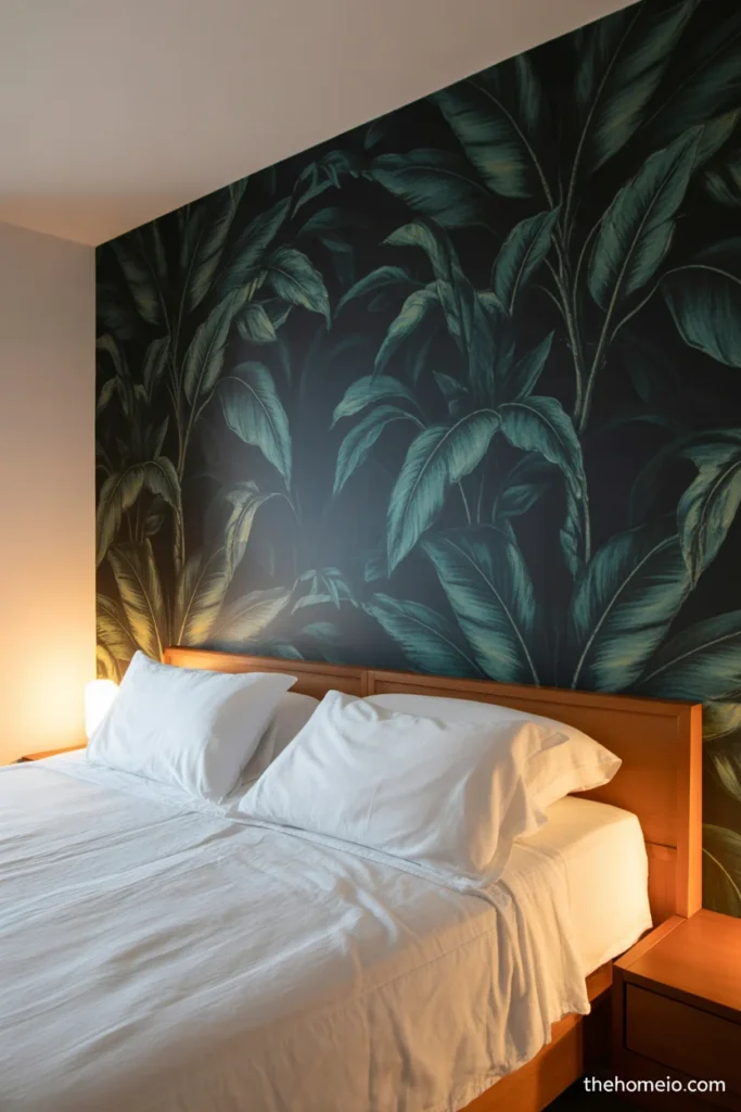 Dramatic bedroom with deep botanical wallpaper accent wall dark green leaves midnight blue white bedding and wood furniture