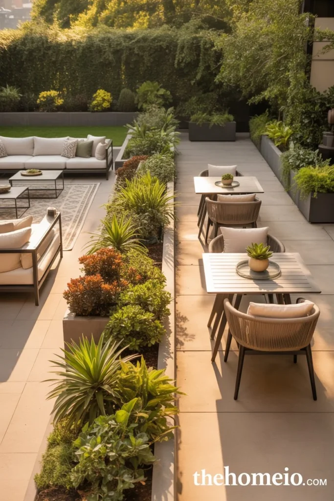 backyard patio with two distinct zones lounge area with sectional and bistro dining table separated by large planters