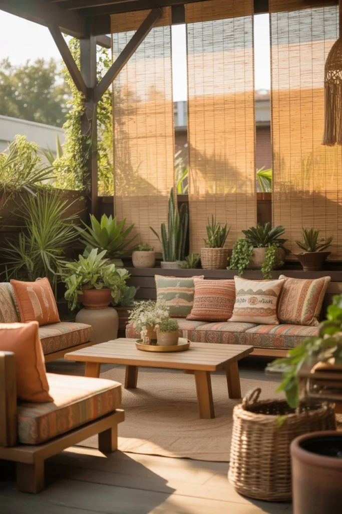 Outdoor patio with bamboo woven curtains, casual seating with patterned cushions, natural wood elements, earthy tones, plants around, soft sunlight, cozy bohemian backyard style, realistic and elegant