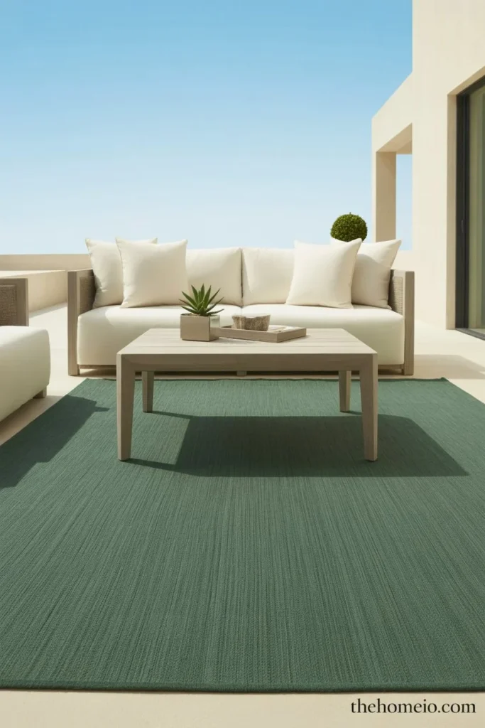 Clean modern patio with solid sage green outdoor rug white sofa cream cushions and light wood coffee table