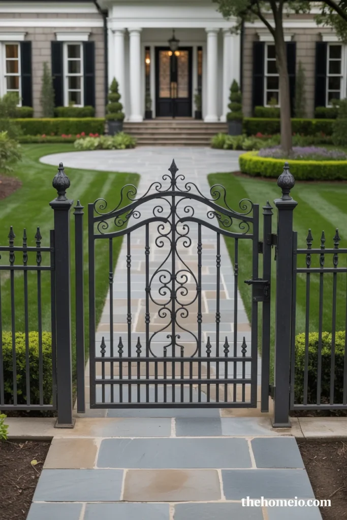 Front yard fence with a coordinated gate design as the focal point