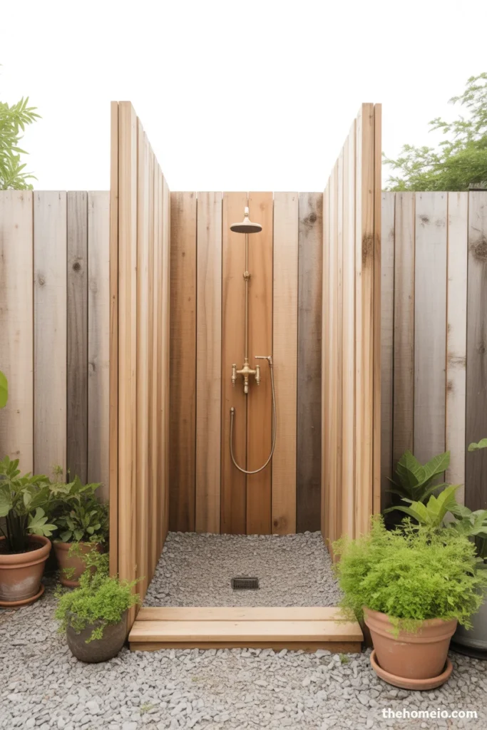 Budget DIY rustic American backyard outdoor shower with cedar fence board enclosure basic brass fixtures and gravel drainage base