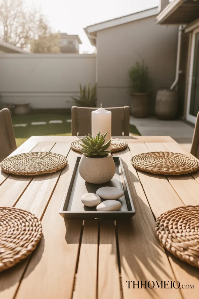 patio table with teak tray centerpiece holding white candle succulent river stones and ceramic decorative object