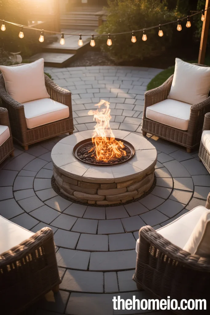 paver patio centered around round natural stone fire pit with glowing flames four outdoor chairs and Edison string lights