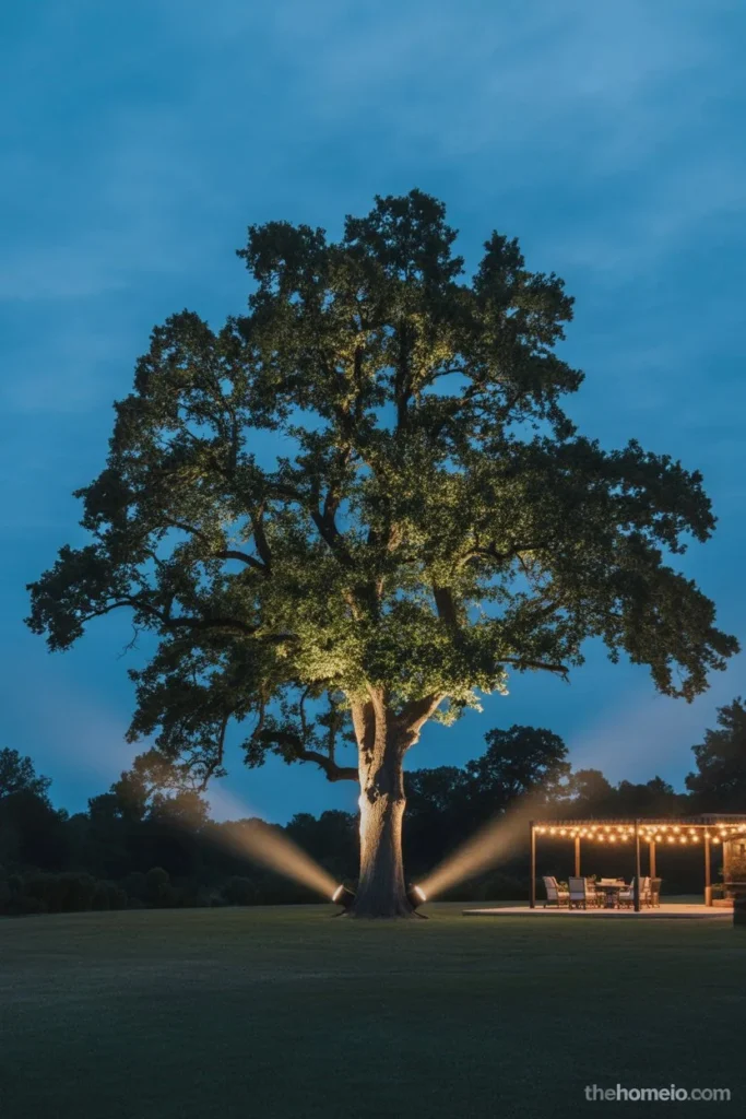 night with mature oak tree dramatically uplighted from below by LED spotlights creating stunning canopy focal point