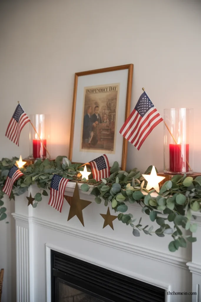 American home fireplace mantel styled for 4th of July with greenery garland American flags red pillar candles vintage print and white star accents