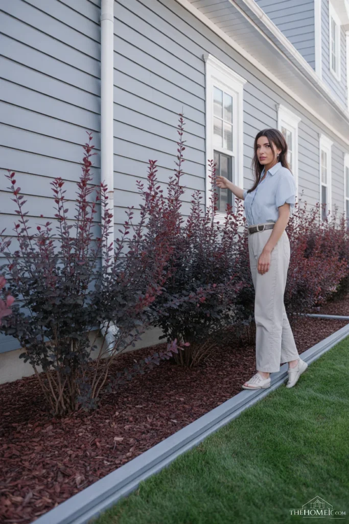 Blue Star Juniper shrubs with silver blue foliage planted along front of house in full sun