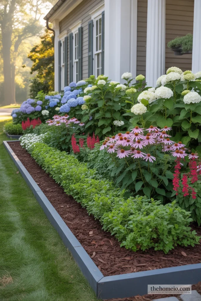 Layered foundation planting bed with hydrangeas perennials and ground cover along front of house