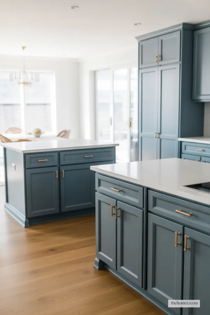 Kitchen with dusty blue cabinets, white counters, and warm oak floors
