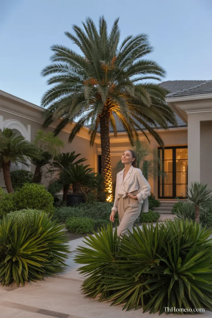 Front yard feature palm highlighted with warm uplighting at dusk