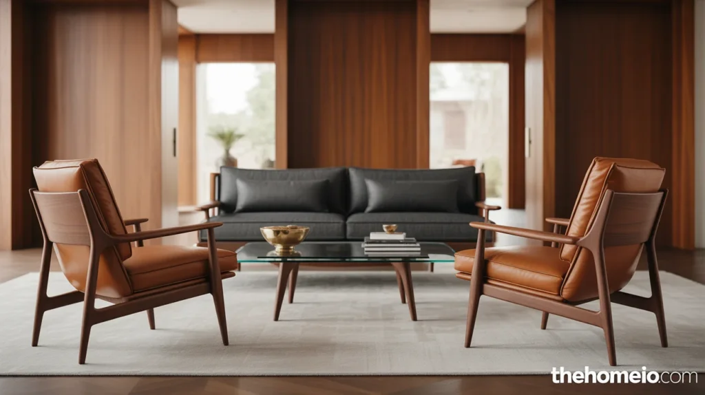 Functional mid century modern living room with clear walkways and balanced seating layout