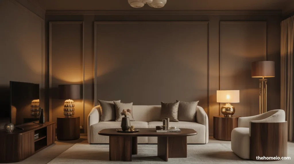 Moody neutral living room with warm layered lighting and dark taupe walls
