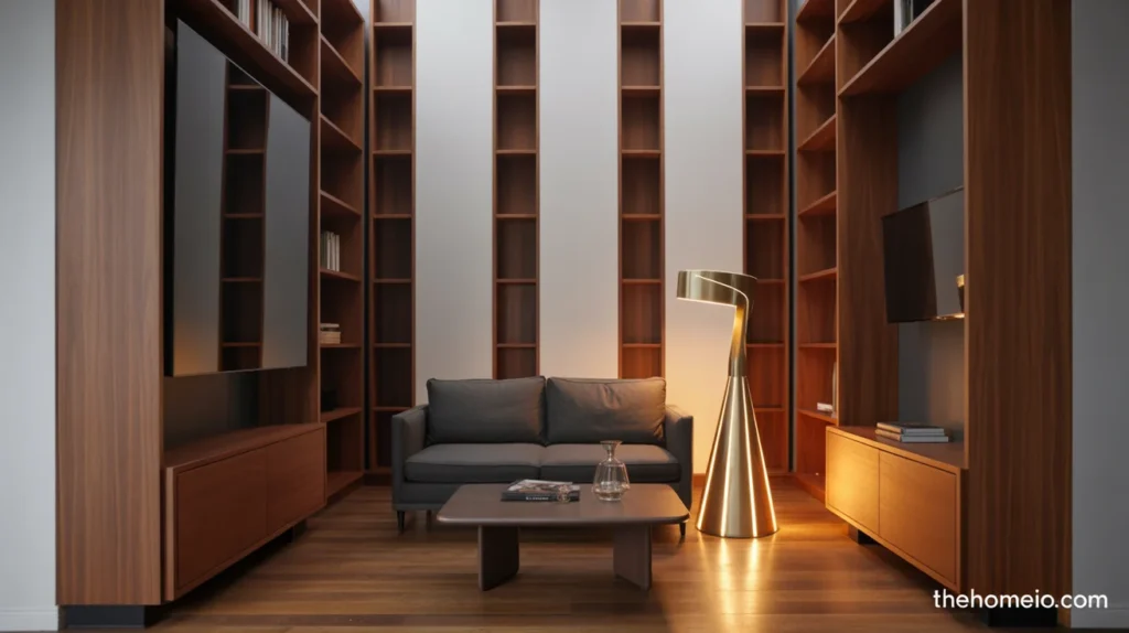 Small NYC apartment living room using tall art and shelves to draw the eye upward