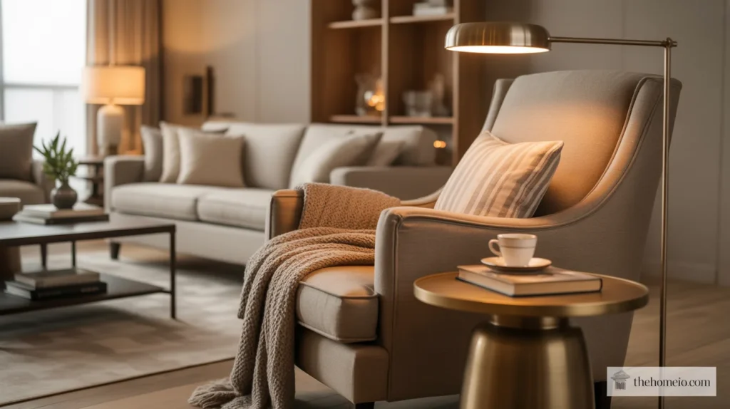 Warm living room reading corner with chair, lamp, side table, and throw blanket
