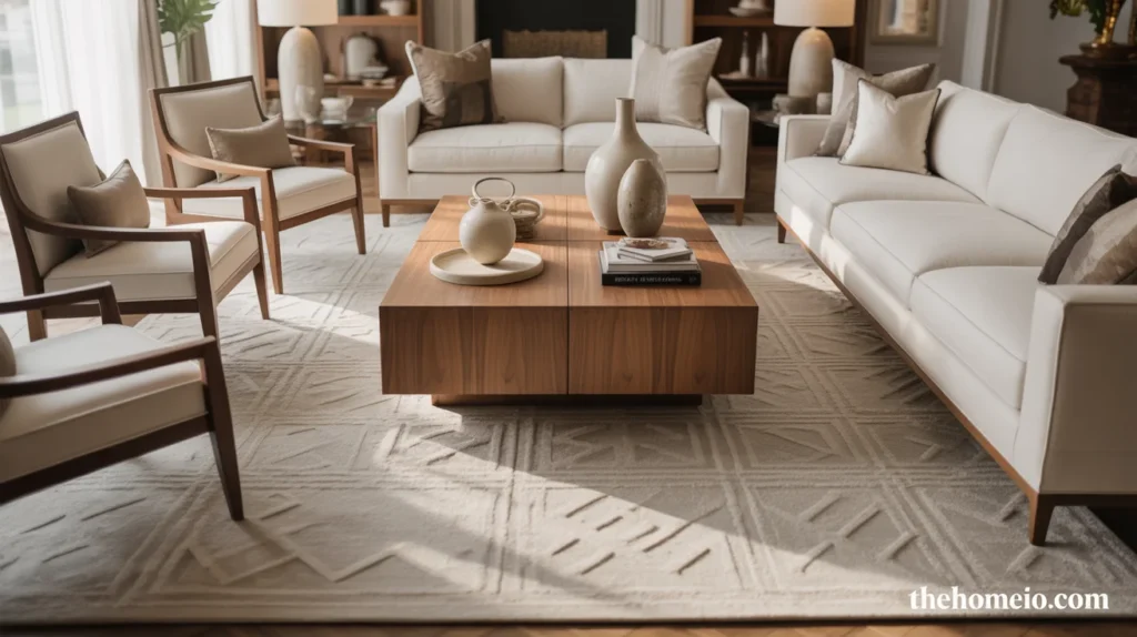 Contemporary living room with a large textured rug anchoring the seating area