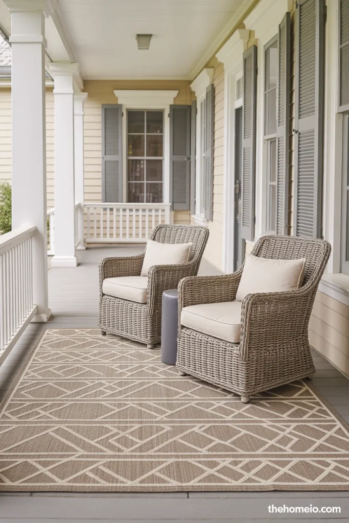 Large patterned outdoor rug anchoring porch seating area with chairs and cushions on American home front porch