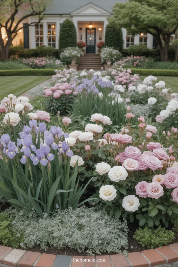 Cottage-style front yard flower bed with layered blooms and soft charm