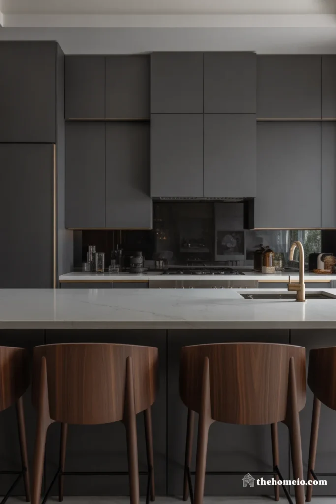 Charcoal kitchen cabinets with white countertops and mixed gold accents