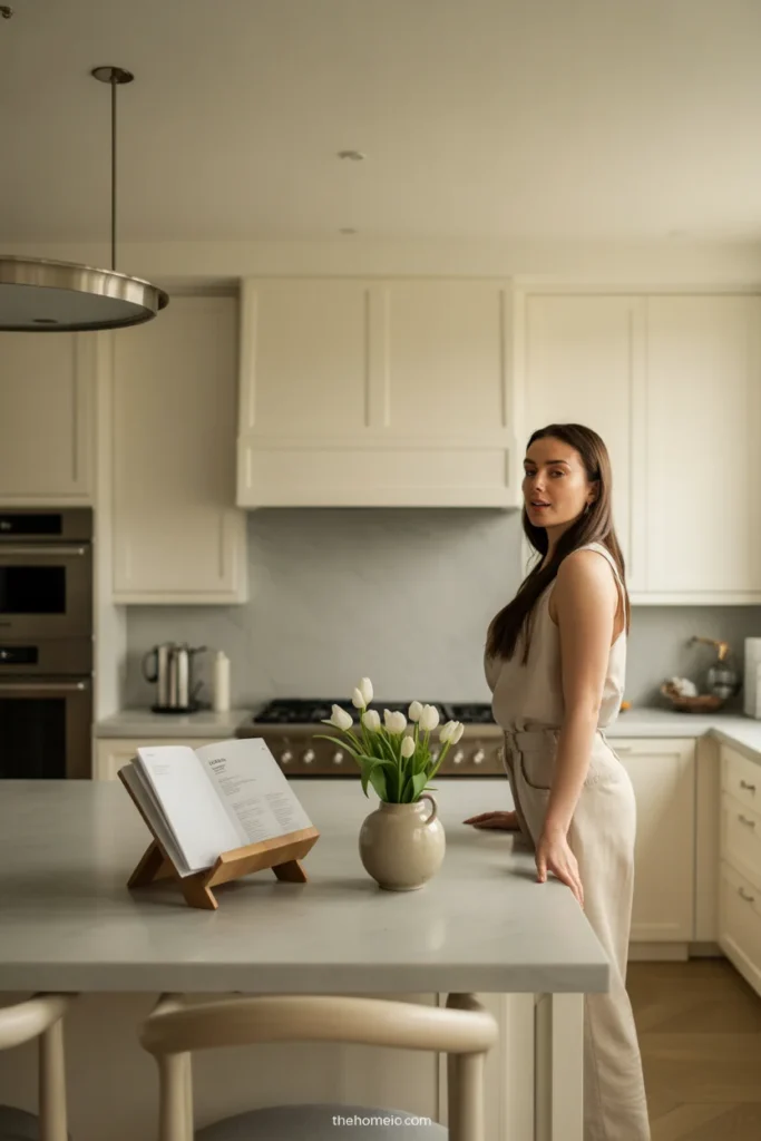 Kitchen island styled with a cookbook stand, tray, and small decorative vase