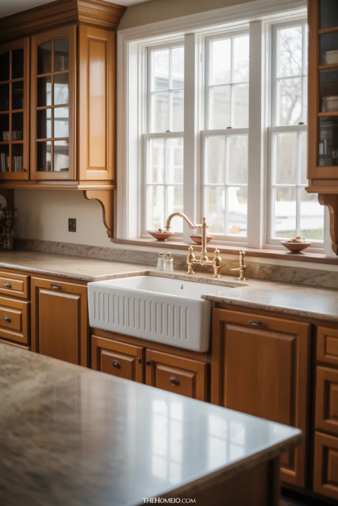 Farmhouse kitchen with a deep white sink, brass faucet, and warm wood cabinets