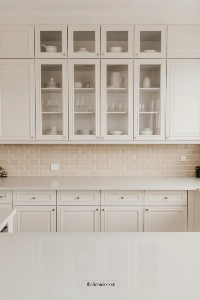 White kitchen with glass-front upper cabinets and simple styled shelves