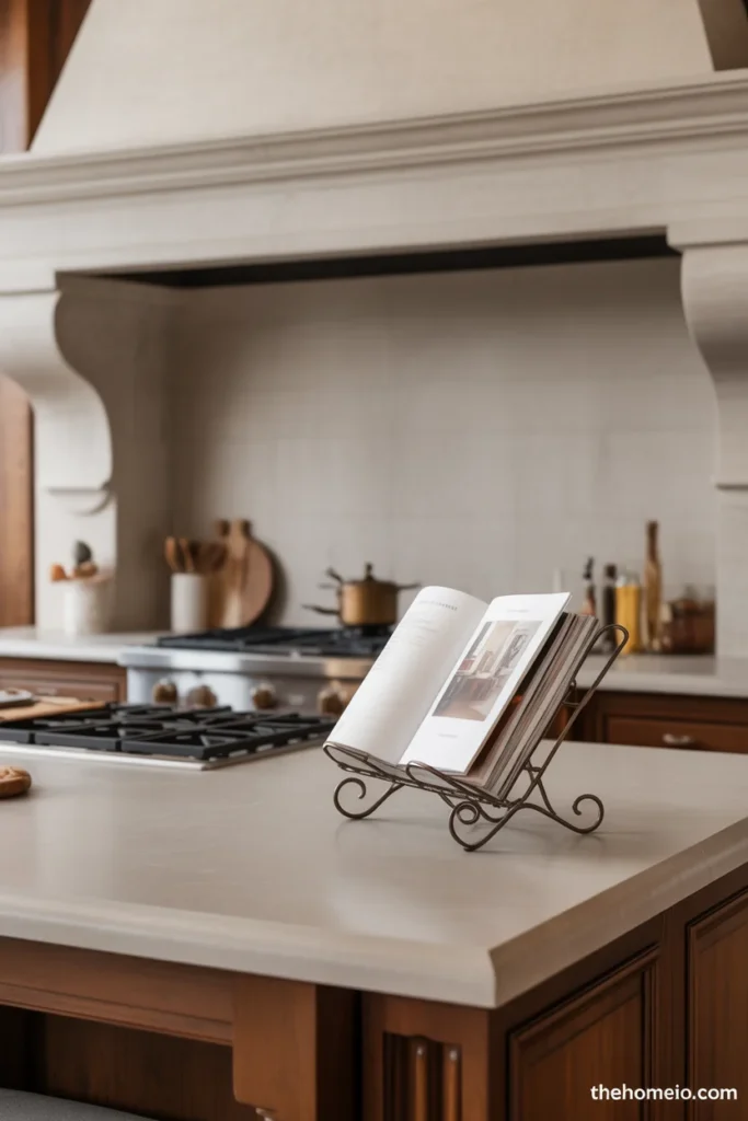 Kitchen counter with a cookbook stand near a styled prep area