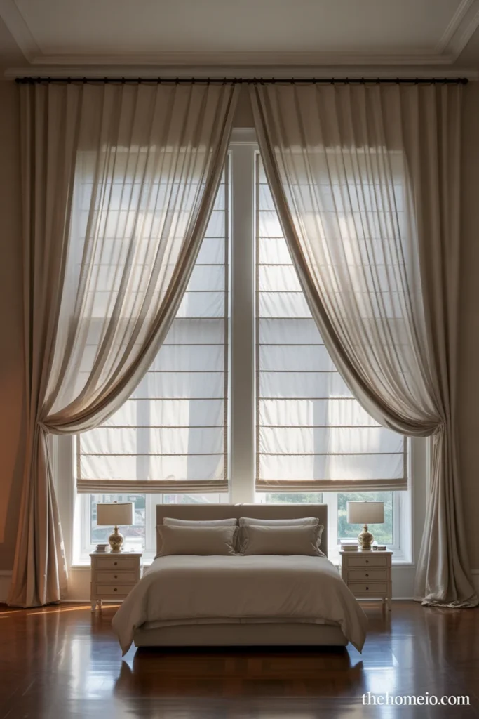 Bedroom window with Roman shades layered under soft drapery panels