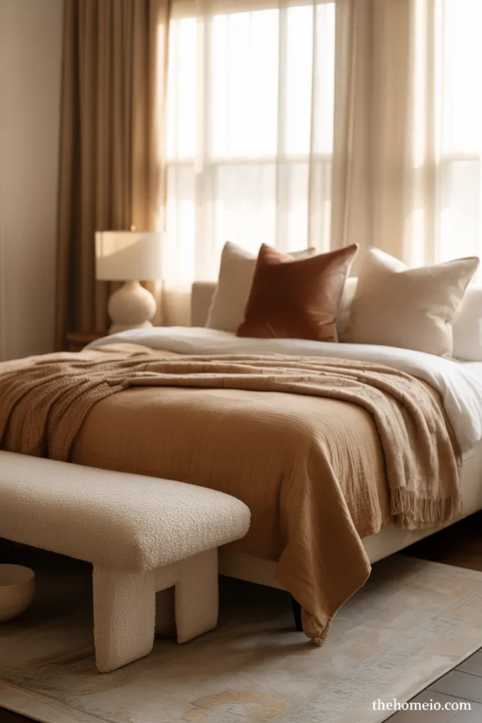 Bedroom with simple bedside styling using a lamp, tray, book, and decor