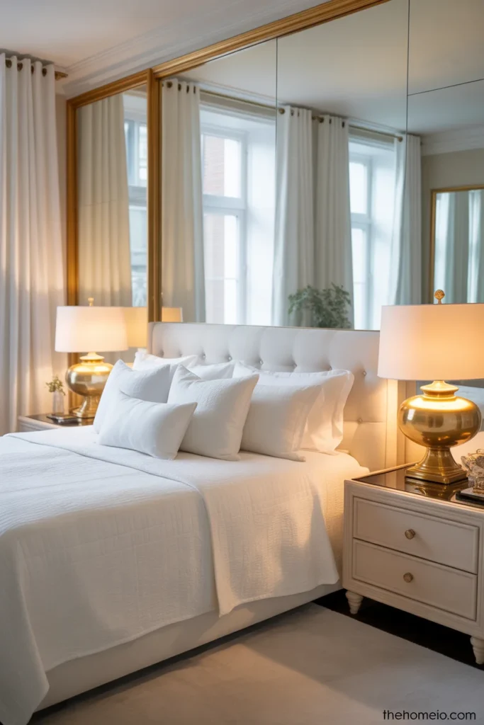 White bedroom with brass lamps, gold mirror, and layered soft bedding
