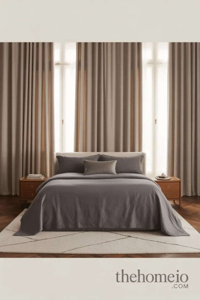Grey bedroom with full-length curtains and a soft finished look