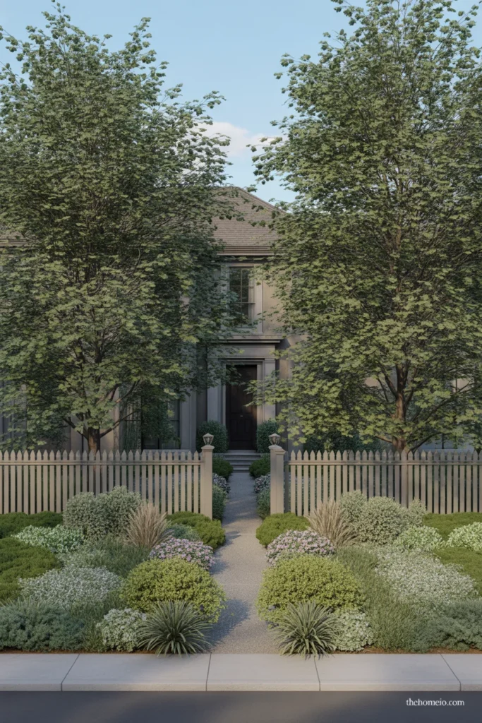 Front yard fence softened with flowers, grasses, and layered planting