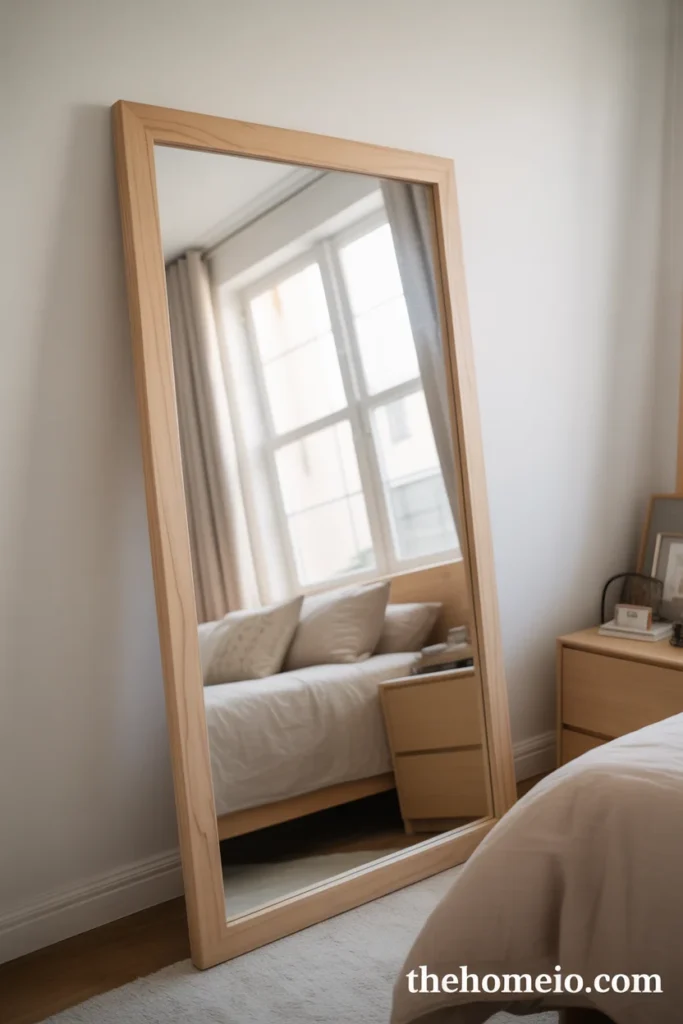 best Teen bedroom with large full length mirror in natural wood frame leaned against wall reflecting natural light