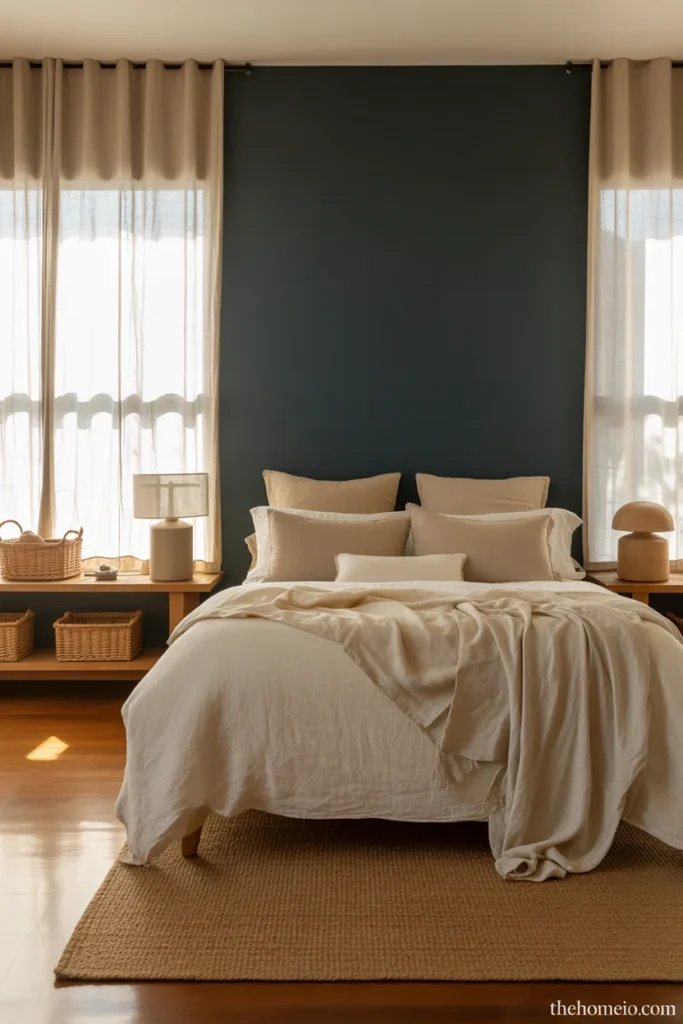 Black accent wall bedroom with soft natural linen bedding jute rug ceramic lamp and woven basket organic textures