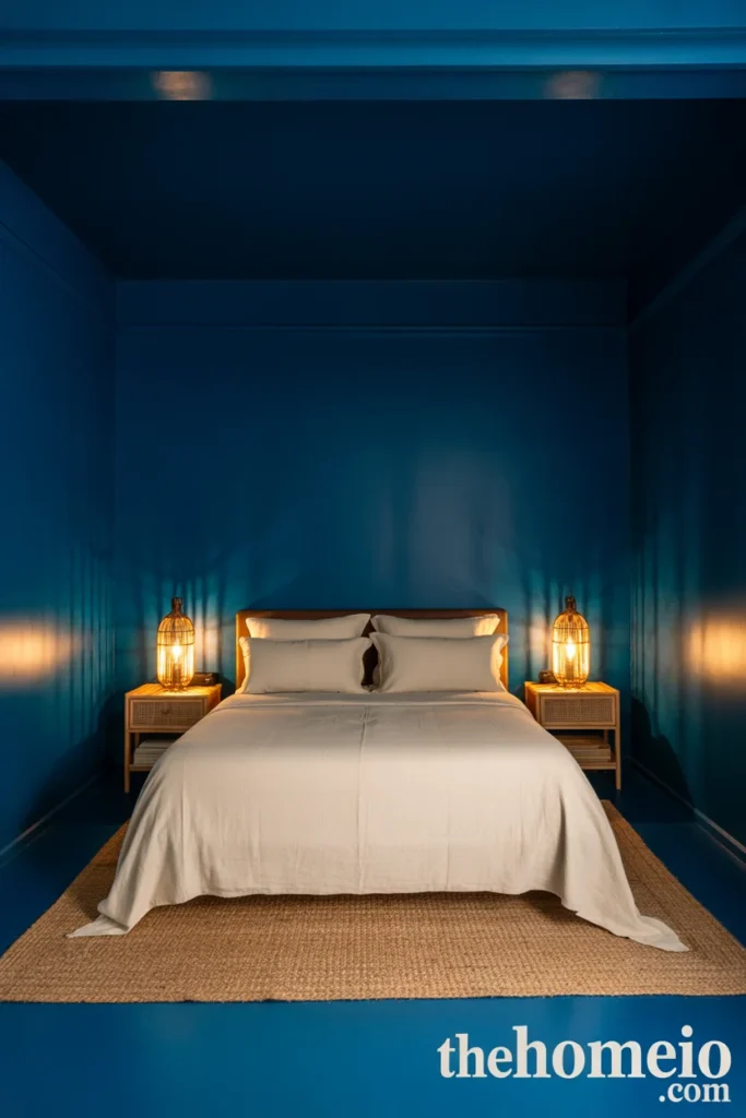 Dramatic bedroom with deep teal blue walls brass lamps rattan nightstands cream linen bedding and jute rug