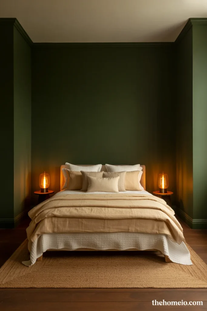 Dramatic bedroom with deep moody forest green walls cream bedding wood frame and warm amber lamps