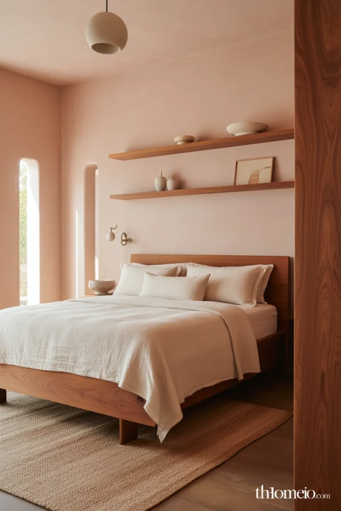 Warm organic bedroom with blush pink walls natural wood bed frame floating shelves jute rug and linen bedding