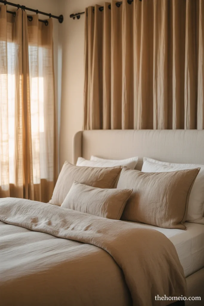 Farmhouse bedroom layered entirely in linen with oatmeal duvet linen shams linen curtains and linen upholstered headboard