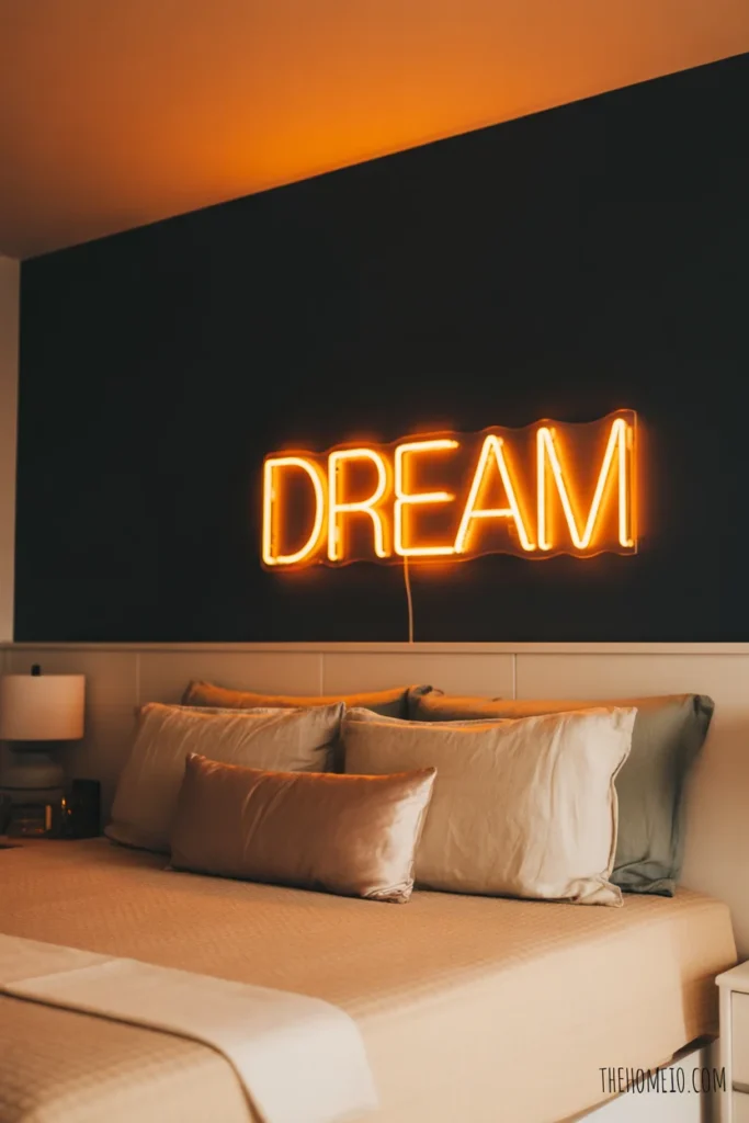 Modern teen bedroom with warm amber neon LED sign glowing on dark accent wall above bed in evening light