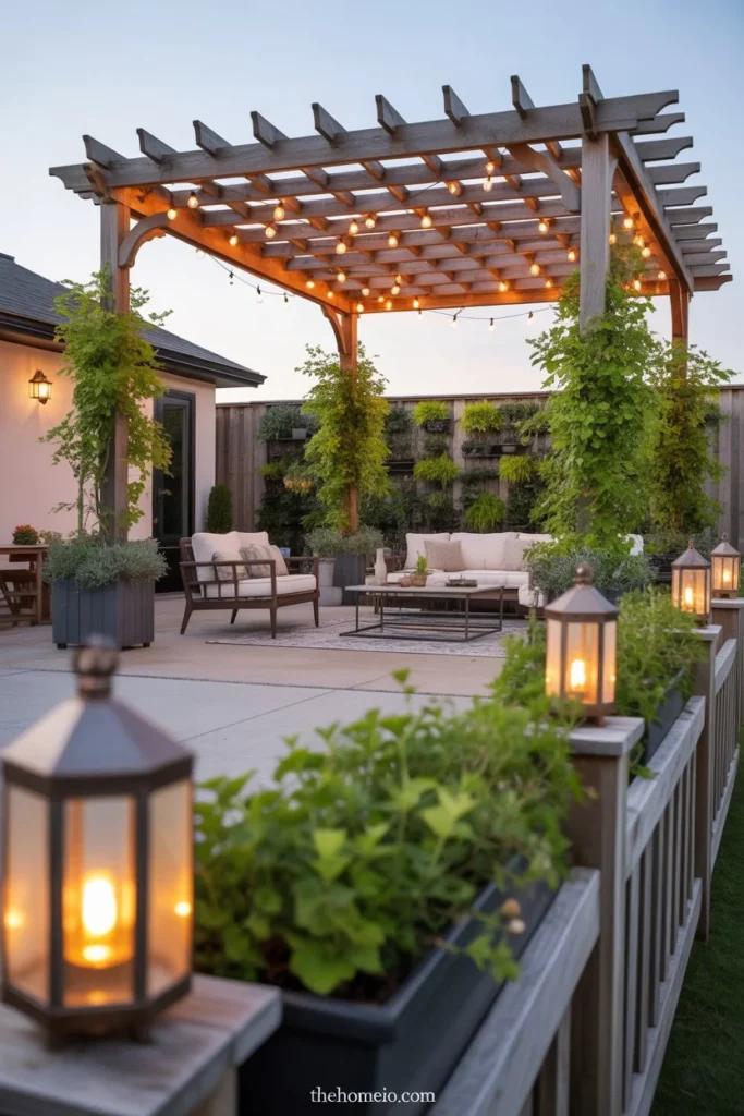 backyard patio with freestanding pergola string lights climbing vine vertical garden panel and wall mounted lanterns